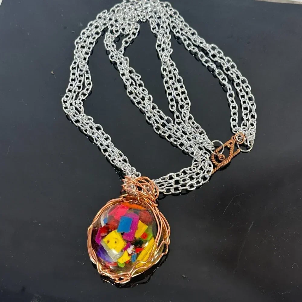 Avant Garde Necklace Handmade Silver Chain Resin Colorful Funky African Runway
